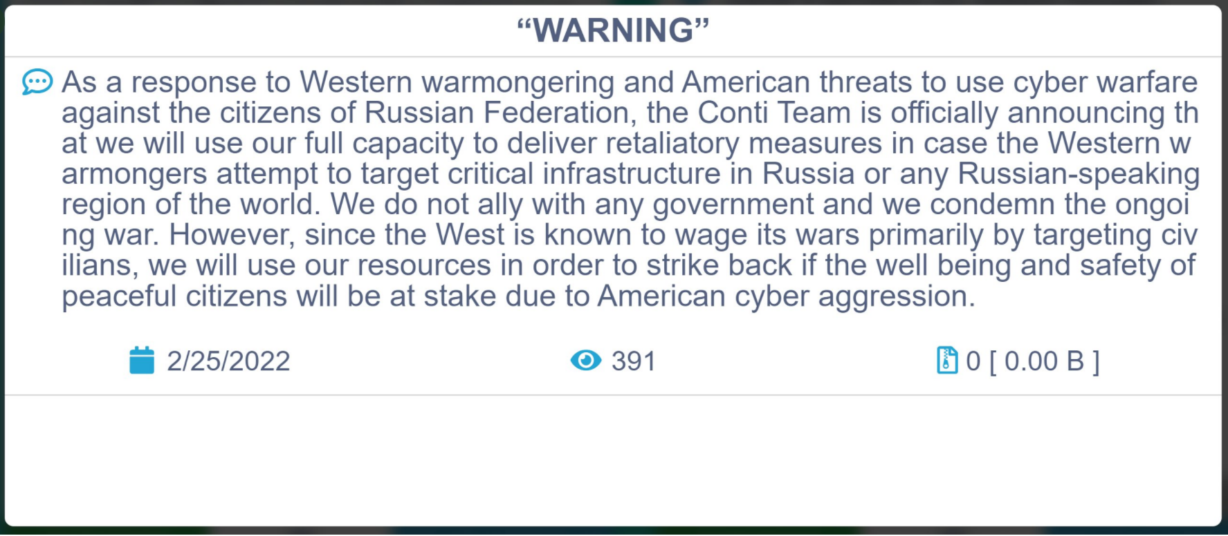 A printscreen of the revised Conti warning message posted by the gang members.